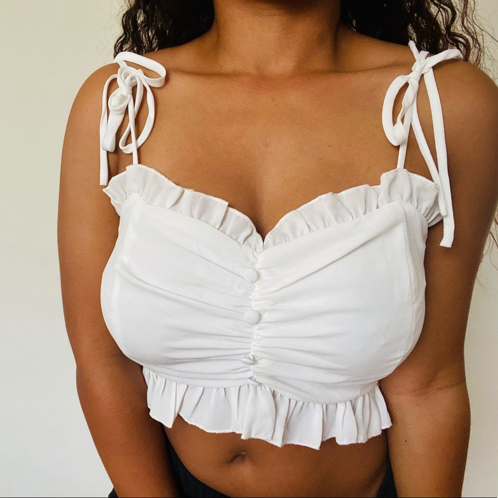 White Crop Top Ruffle Adjustable Straps - Picture 4 of 6